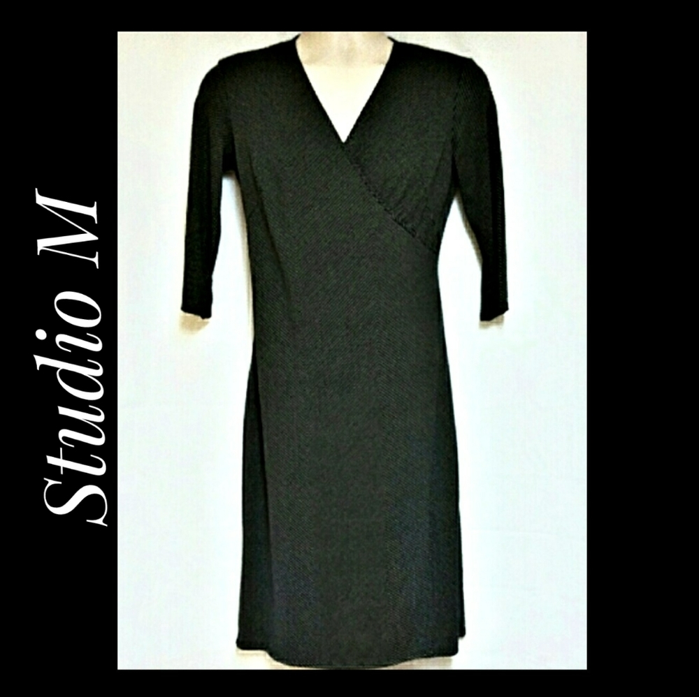 Studio M Micro-Dot Wrap-Look Dress Black Size S